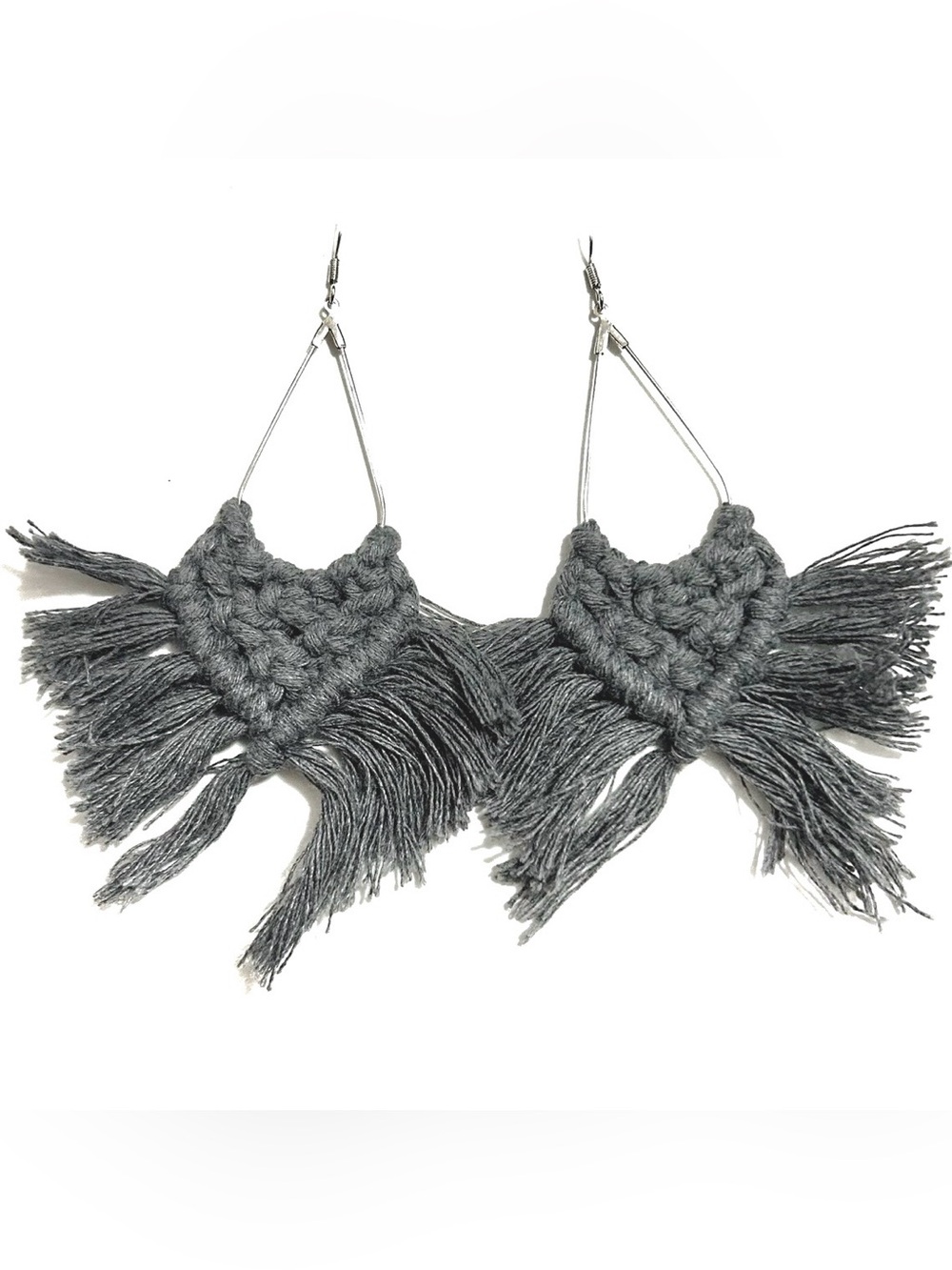 Handmade Gray Macramé Fringe Dangle Earrings